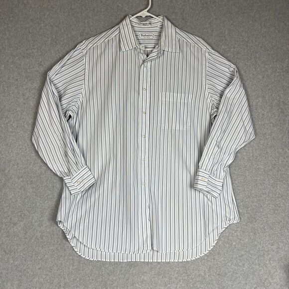 Burberry Button Up Shirt 16 1/2 -33 Stripped White Blue Cotton USA VTG